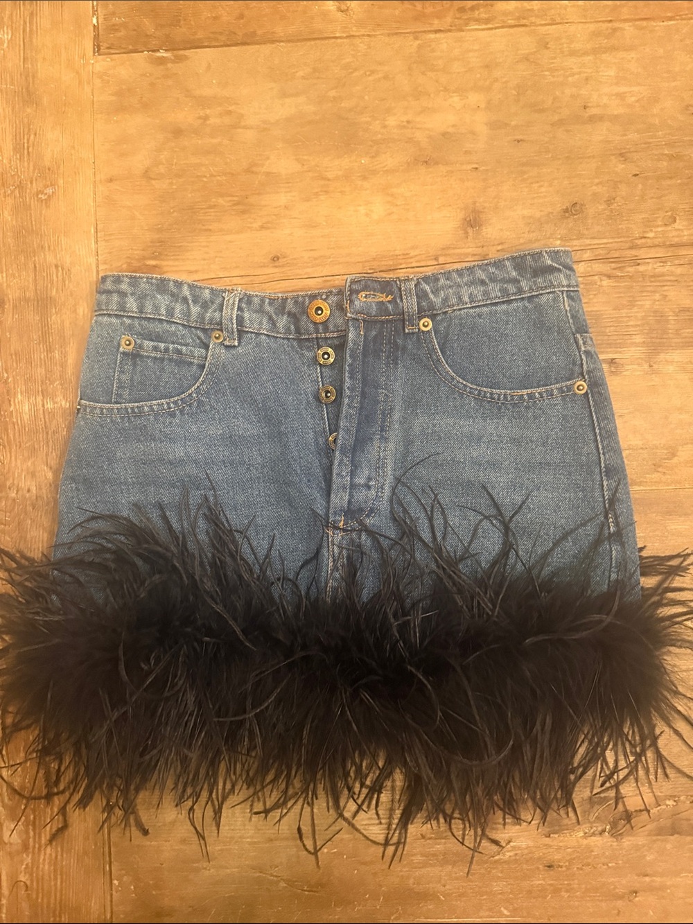 Blue Denim Mini Skirt with Black Feather Trim